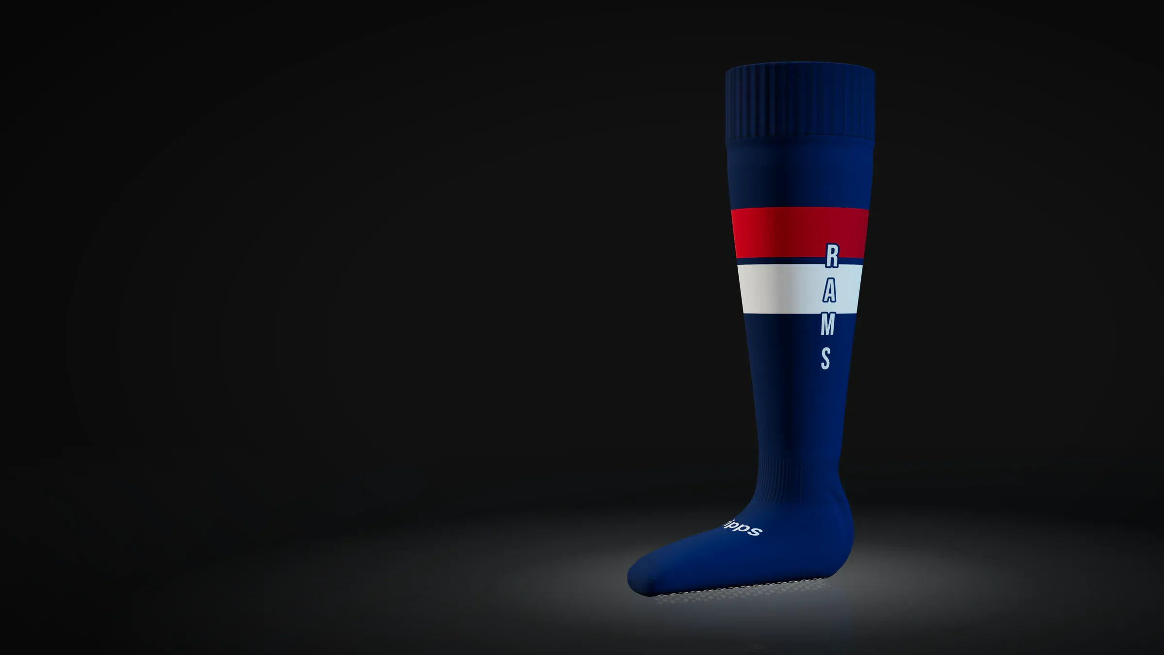 A navy iGripps football sock with a red and white hoop, worn full length to the knee